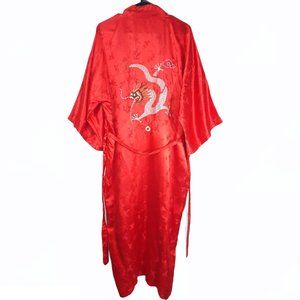 VTG Jade Red Silk Dragon Embroidered Long Robe